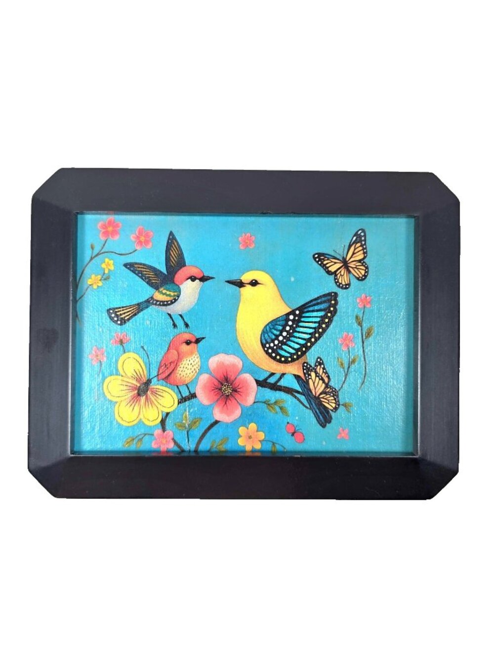 Handmade Folk Art Birds & Butteflies on Canvas Framed 6x9" Gallery Wall Cottage